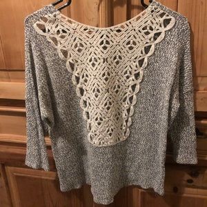 3/4 sleeve sweater with crochet back detail
